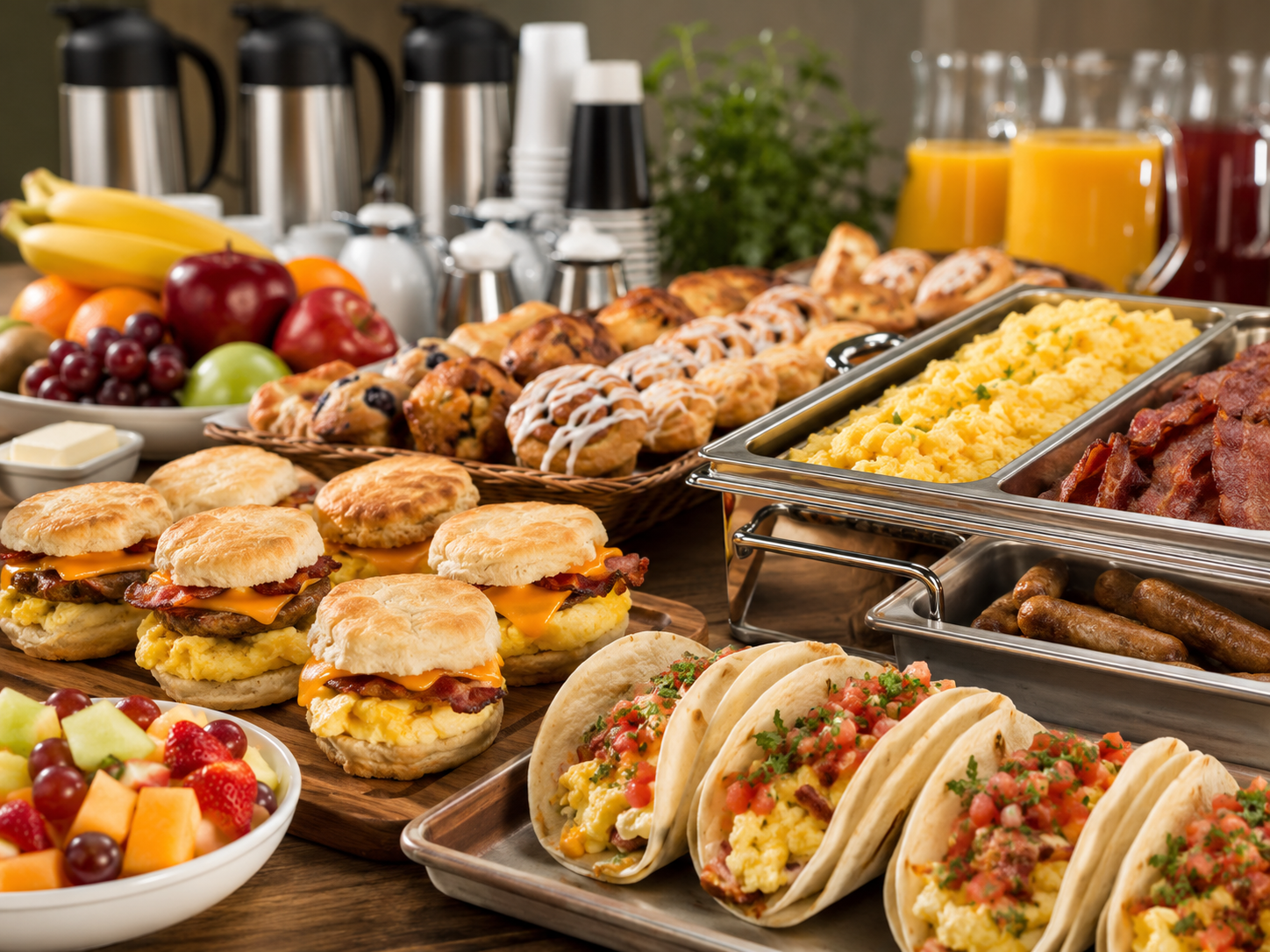Hot breakfast sandwiches, coffee and fruit
