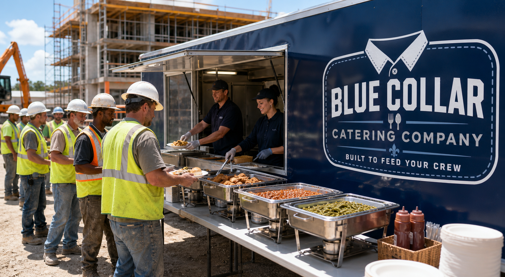Blue Collar Catering food trailer serving a buffet lunch to a construction crew
