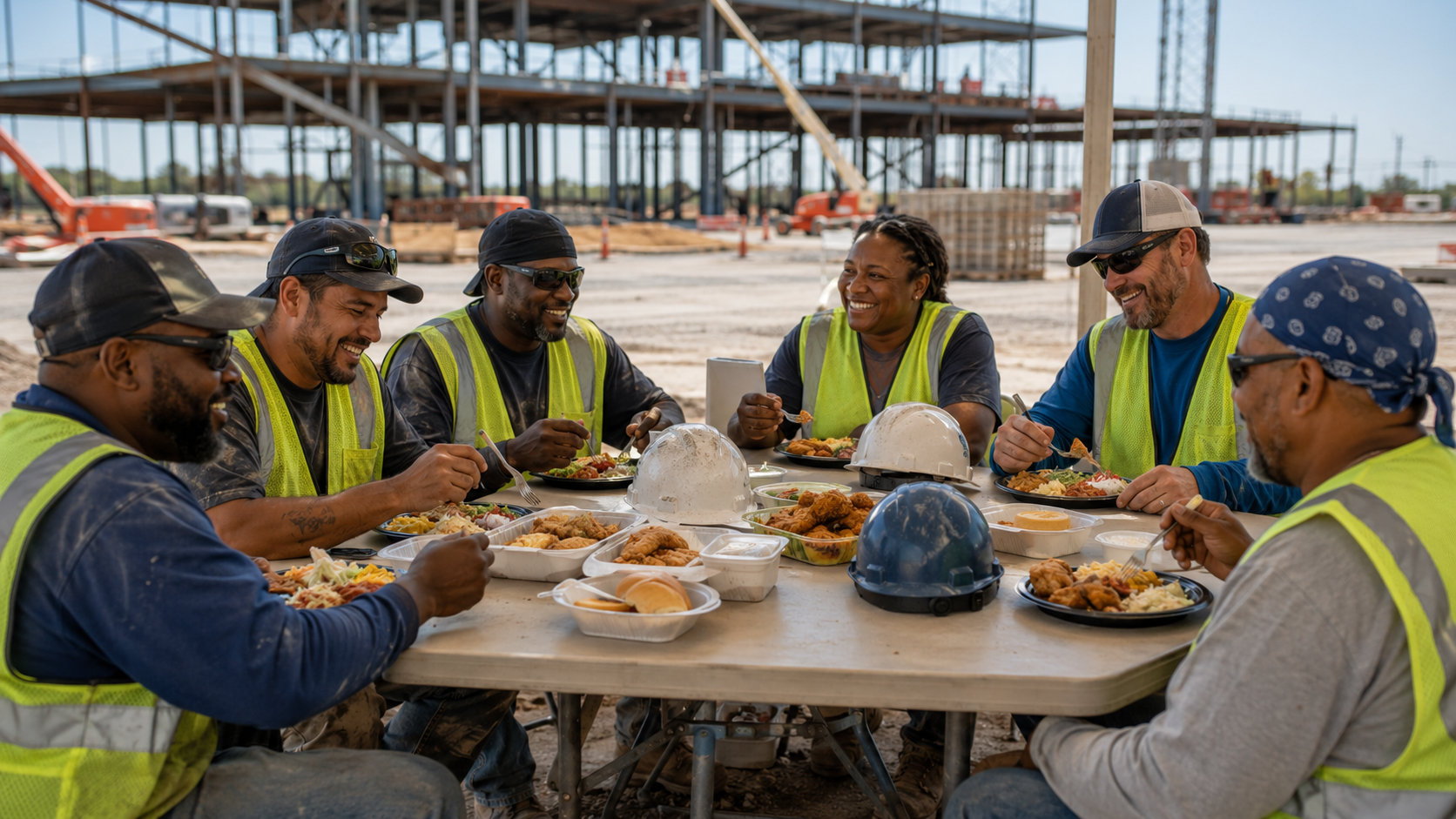 Construction crew enjoying lunch together outside at a jobsite
