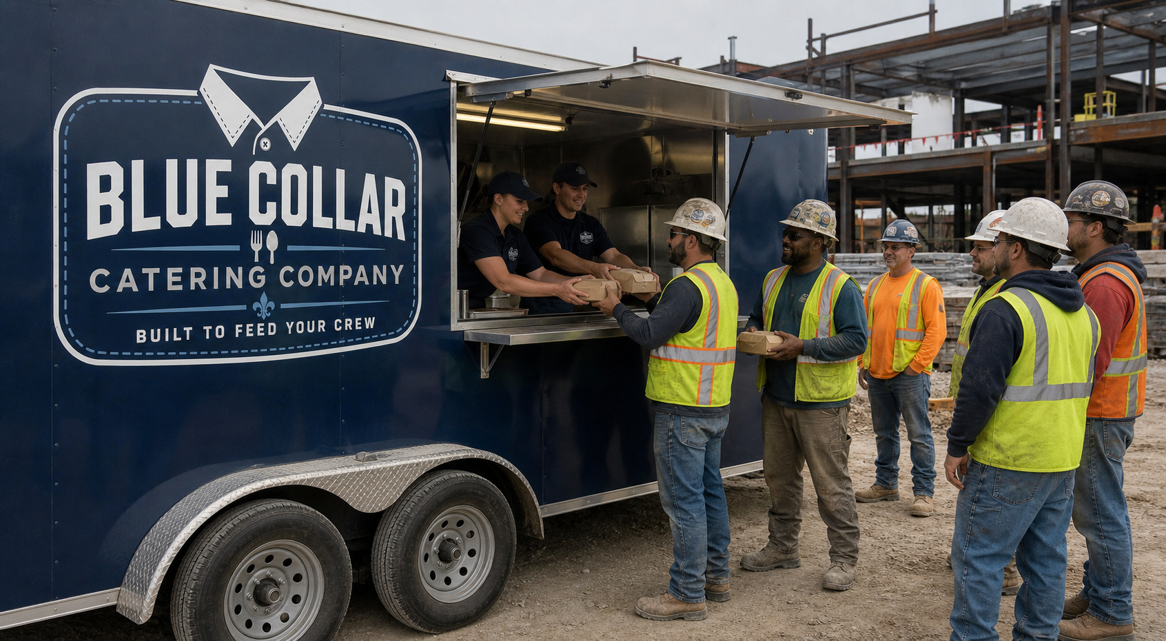 Construction workers receiving packed meals from the Blue Collar Catering food trailer