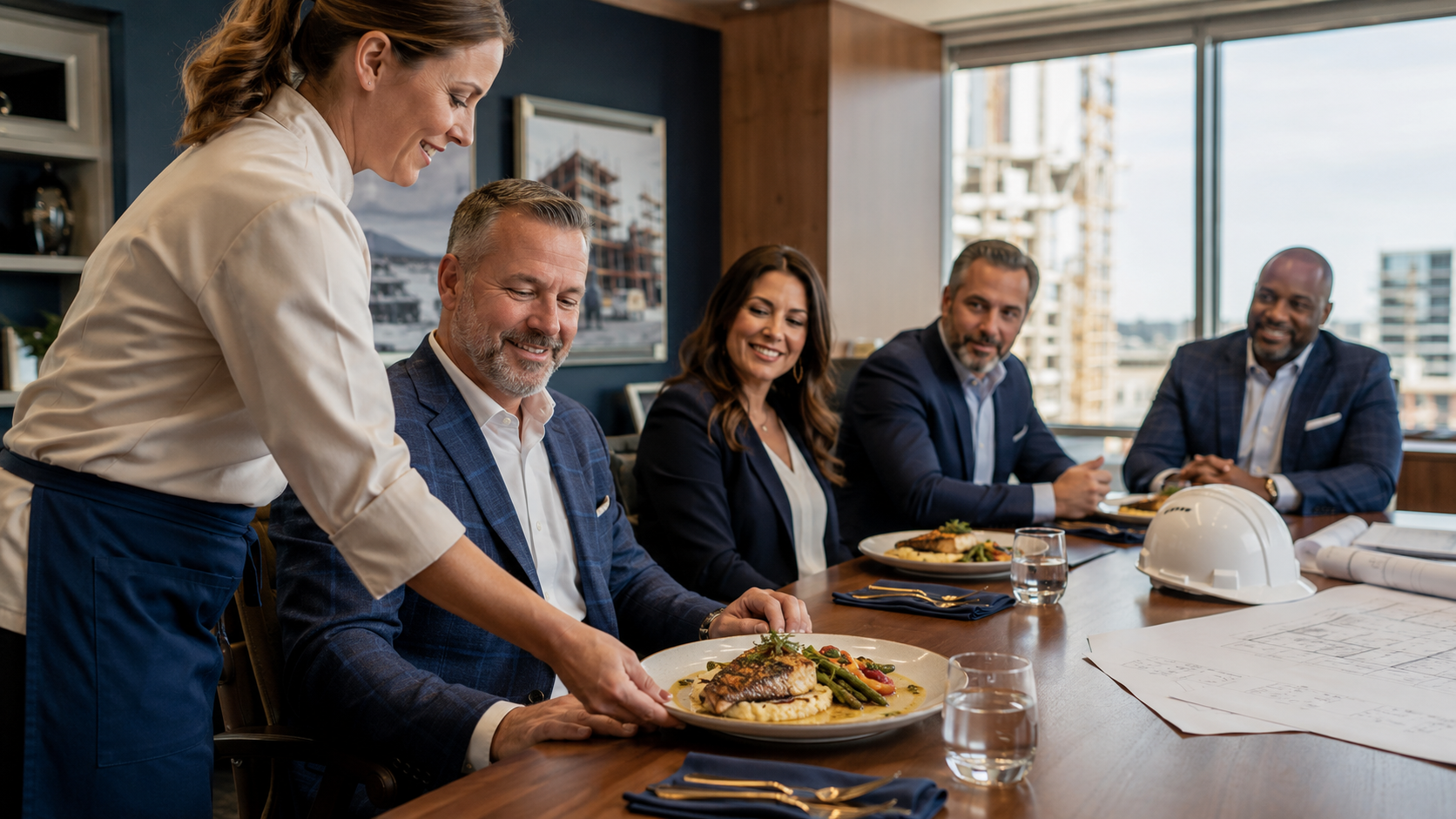 Construction executives enjoying a catered boardroom meal